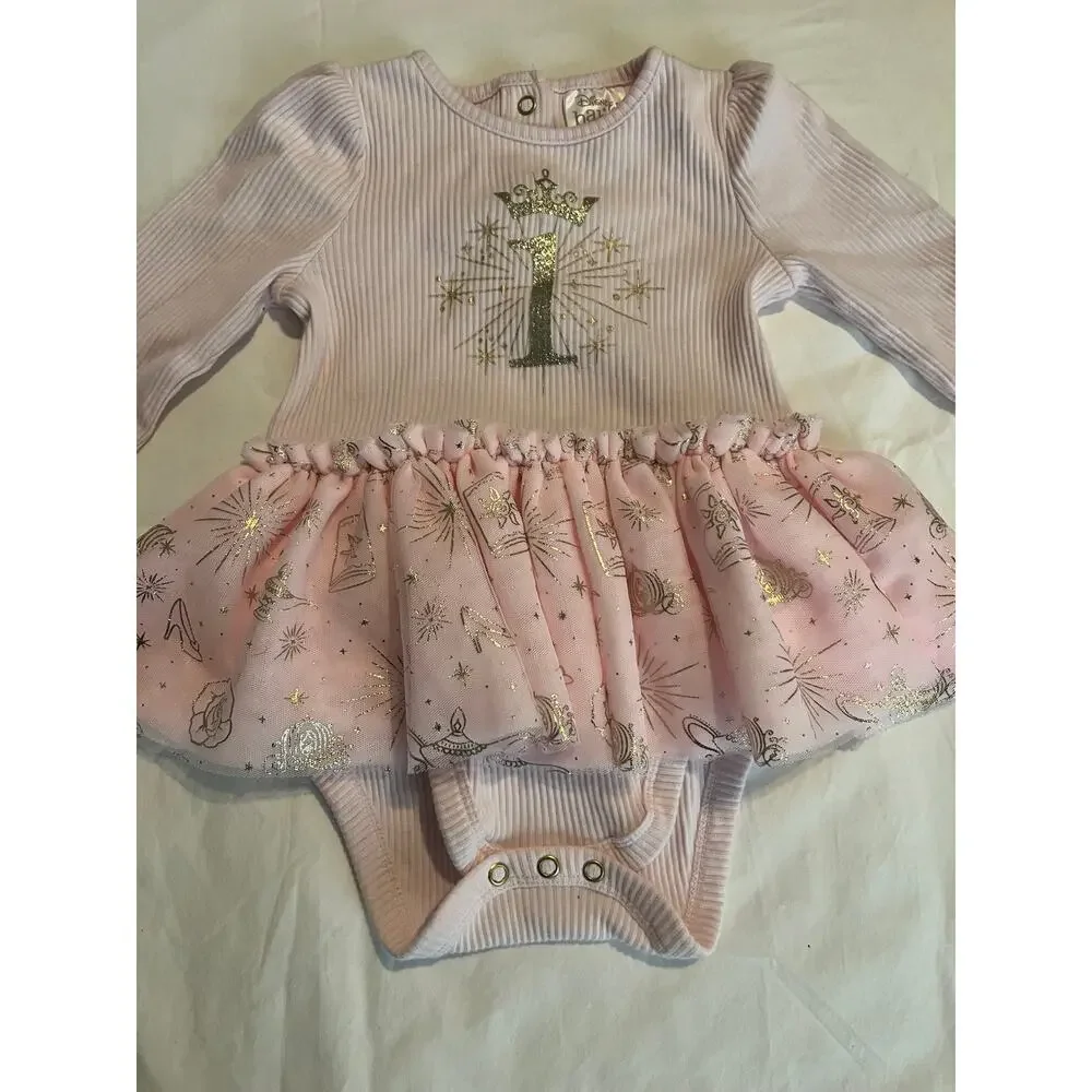Disney Baby Princess Bodysuit Dress Pink Tulle Gold Crown Size 18–24M